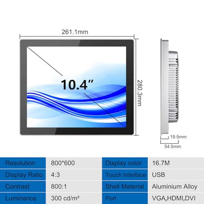 GreenTouch 10.4 Inch Industrial Embedded Touchscreen Monitor, PCAP Multi-Touch Screen Industrial Front IP65 Monitor - HDMI+VGA+DVI - 800 x 600 Resolution - size: 10.4 IN