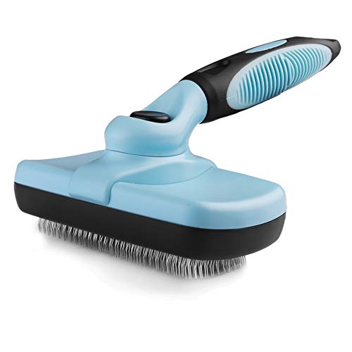 Pet Slicker Brush - Self Cleaning Brush for Dogs & Cats w/Retractable Bristles for All Hair Types - Massaging Pins Remove Tangles & Mats Painlessly - Durable Grooming Tool for Dogs & Cats - size: Slicker Brush (Blue/Black)