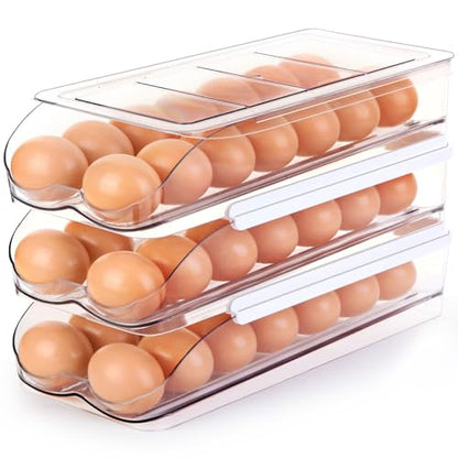RoskDeewat Egg Holder for Fridge, Automatically Rolling Egg Container for Refrigerator, Clear Plastic Fridge Organizers and Storage with Lid, Stackable Egg Dispenser & Tray (3 Tier) - size: 3 Tiers Holder 42 Eggs