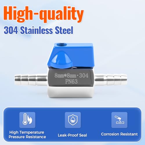 5/16" Hose ID Barb Ball Valve, 304 Stainless Steel Dual 8mm Barb Mini Heater Hose Shut Off Valve with Clamps for Fuel, Gas & Water Lines - size: 5/16 Inch