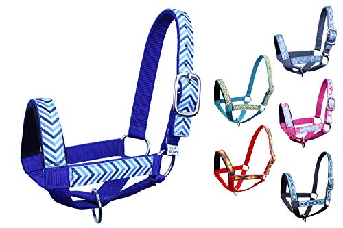 Double Layer Heavy Duty Padded Overlay Printed Nylon Cow Halter - 6 Month Warranty - color: Blue Chevron and Hurricane Blue, size: Large (Cow)
