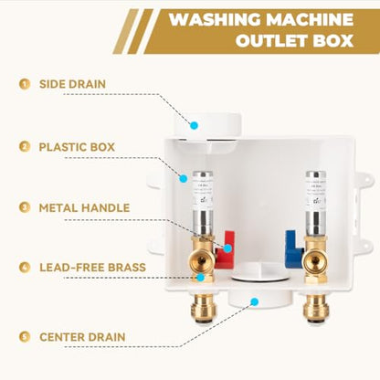Washing Machine Outlet Box, with Stainless Steel Water Hammer Arrestor, 1/2-Inch Push Fit x3/4-Inch MHT with Center Drain, Washer Faucet Recessed Box, Laundry Washer Valve Outlet Box - color: Push Fit/SS Arrestor