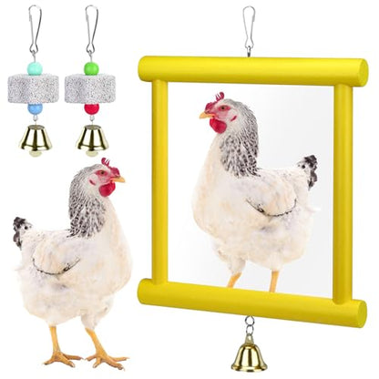 1 Pieces Chicken Mirror Toys Large 12 x 10 Inch Hanging Swing Mirror with Bell Wooden Pecking Toy and 2 Pieces Beak Grinding Molar Stones for Hens Birds Parrots Coop Roosters(Yellow)