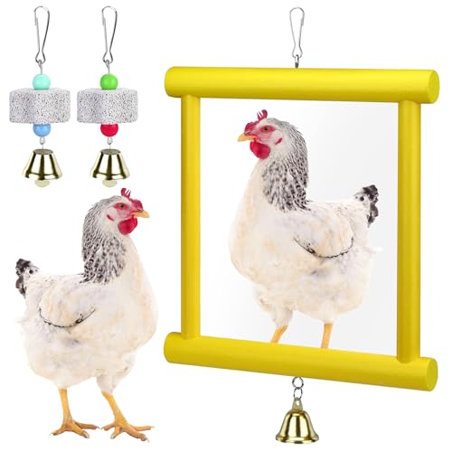 1 Pieces Chicken Mirror Toys Large 12 x 10 Inch Hanging Swing Mirror with Bell Wooden Pecking Toy and 2 Pieces Beak Grinding Molar Stones for Hens Birds Parrots Coop Roosters(Yellow)