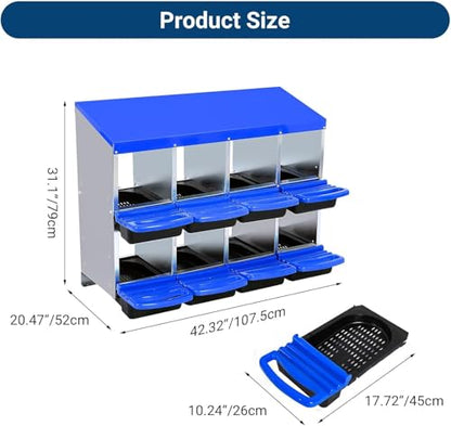 Chicken Nesting Box, 8 Hole 2 Layer Hen Nest Boxes, Roll-Away Egg Collection System with Ventilation Holes，Rustproof Plastic Tray & Keyhole Mounting, Chicken Laying Box - color: Blue, size: 8 holes