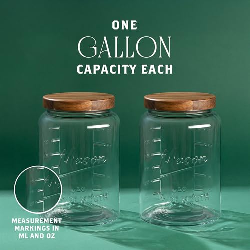 1 Gallon Glass Mason Jar with Airtight Wooden Lid, Wide Mouth Large Food Storage Container with Measurement Markings For Kitchen Pantry, Pickling, Cookies, Flour & Sugar - 2 Pack - size: Pack of 2