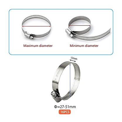 ZIPCCI Hose Clamp, 1-2 Inch Worm Gear Hose Clamps Stainless Steel for Fuel Line, Pipe, Radiator, Tube and Fuel Line, 27-51mm (16pack) - size: 27-51mm