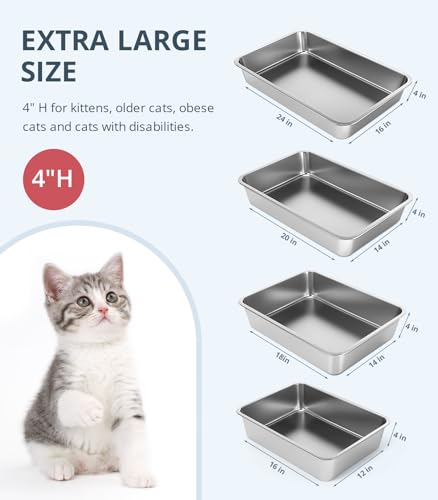 WENBOKMIN Stainless Steel Cat Litter Box, 4in Shallow Litter Box for Senior Cats and Kittens, Extra Large Metal Litter Pan Nonstick Odor Control Anti-Corrosion - size: 24" L x 16" W x 4" H