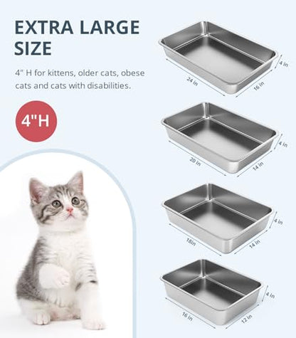 WENBOKMIN Stainless Steel Cat Litter Box, 4in Shallow Litter Box for Senior Cats and Kittens, Extra Large Metal Litter Pan Nonstick Odor Control Anti-Corrosion - size: 24" L x 16" W x 4" H