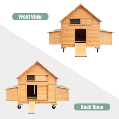 Chicken Coop on Wheels, Large Mobile Wooden Hen House for 4-6 Chickens, Outdoor Poultry Cage with Nesting Box, Chicken House for Outside Farm Backyard - size: 4-6 Chickens