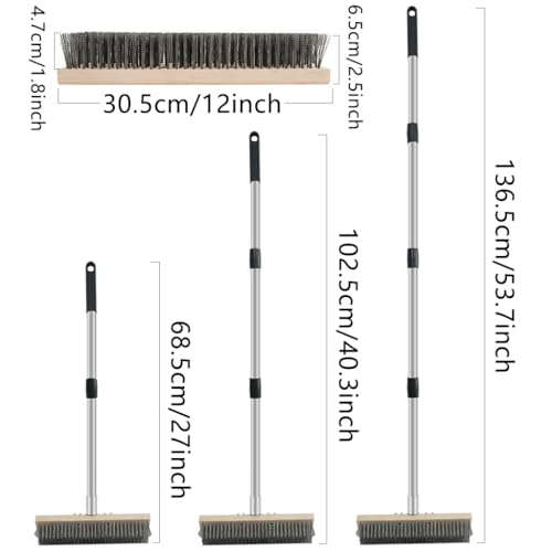 Heavy Duty Floor Scrubber,Deck Brush with Long Handle,56L''×12W Stainless Steel Wire Scrub Brush, Stiff Metal Bristle Scrubber Broom for Deck, Concrete, Patio Floor Cleaning Moss Removal