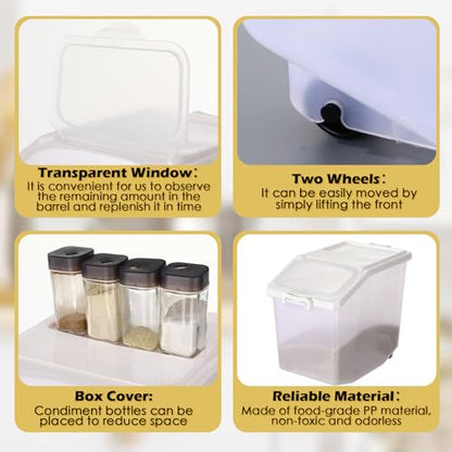 Sunnyray 4 Pcs Rice Storage Container 33.1 lb Airtight Flour Container with Wheels Measuring Cup White Pet Food Dog Cat Birds Food Bin Grain Cereal Organizer Box for Dry Baking Supplies - size: 12.2 x 12.2 x 9.45 Inch