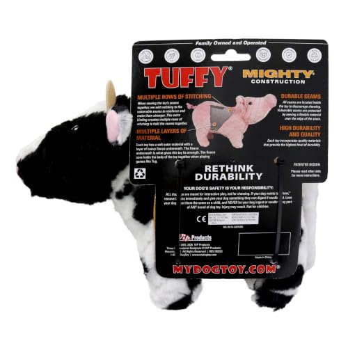 MIGHTY Tuffy Cow Ultra Durable Plush Dog Toy | Multiple Layers & Reinforced Seams , Washable and Floats , Mighty® Construction - color: Large Black White Cow