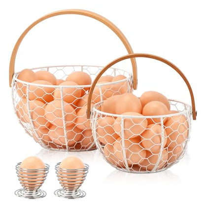 2PCS Wire Egg Baskets for Gathering Fresh Egg With Handle, Farmhouse Round Metal Egg Collecting Basket, Rustic Eggs Holder Basket for Kitchen Countertop (White)