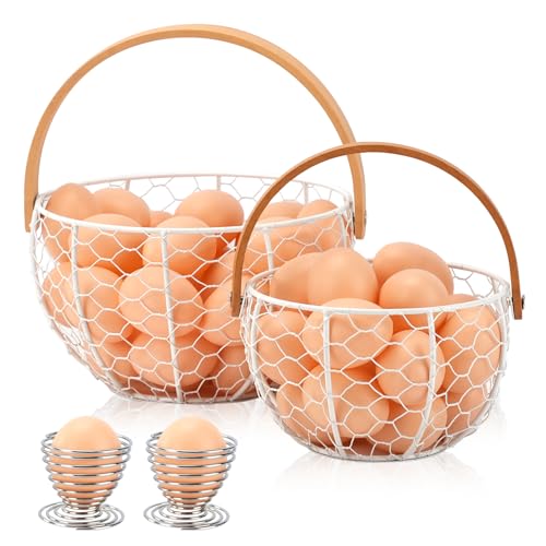 2PCS Wire Egg Baskets for Gathering Fresh Egg With Handle, Farmhouse Round Metal Egg Collecting Basket, Rustic Eggs Holder Basket for Kitchen Countertop (White)