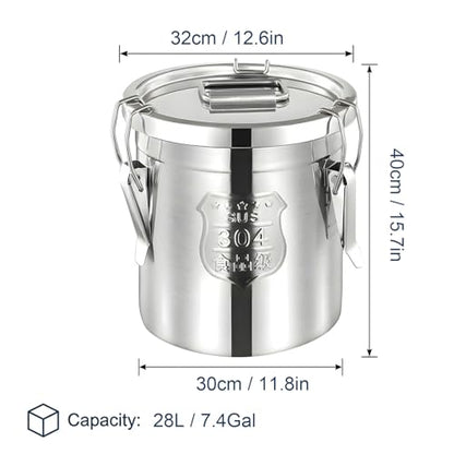 304 Stainless Steel Airtight Storage Bucket with Lid, Food Grade Sealed Canister for Kitchen, Rice, Flour, Grain, Pet Food, Waterproof Camping Storage Container(28L/7.4Gal) - size: 28L/7.4Gal