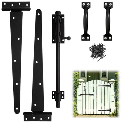 Heavy Duty Gate Hardware Kit for Wood Fence Black Fence Gate Hardware with 2 T-Strap Gate Hinges Sliding Gate Latch 2 Gate Handles Outdoor Gate Hinges and Latch Set for Yard Shed Barn 12 inch - size: 12inch