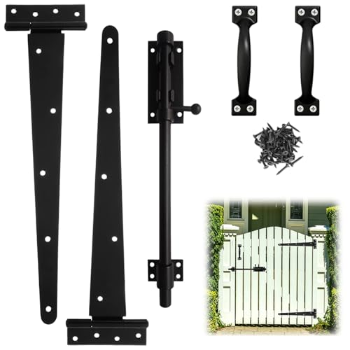 Heavy Duty Gate Hardware Kit for Wood Fence Black Fence Gate Hardware with 2 T-Strap Gate Hinges Sliding Gate Latch 2 Gate Handles Outdoor Gate Hinges and Latch Set for Yard Shed Barn 12 inch - size: 12inch