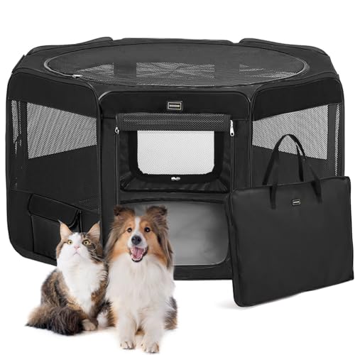 DONORO Dog Playpen Portable Pet Play Pens for Small Dog/Cat/Rabbit/Chicks, Cat Playpen Indoor/Outdoor with Carring Case, Removable Zipper Top and Bottom (Black, Extra Large (55"x55"x30"), 8) - color: Black, size: Extra Large (55"x55"x30")