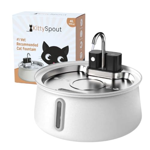 KittySpout 4L Stainless Steel Cat Water Fountain, Cordless Automatic Pet Drinking Dispenser, Quiet Circulating Water Bowl for Cats and Small Dogs, Dishwasher Safe, Indoor Use - color: White