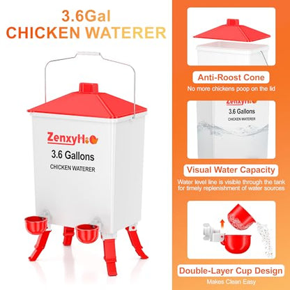 ZenxyHoC 3.6 Gal Chicken Waterer with Anti-Roost Cone, 3 Height Adjustable Locking Legs and 4 Automatic Water Cups for Backyard Flock - style: Waterer with Cups