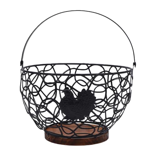 Rustic Wooden Base Wire Egg Basket with Sturdy Metal Handle Farmhouse Kitchen Decor Easter Display Coop - color: Black