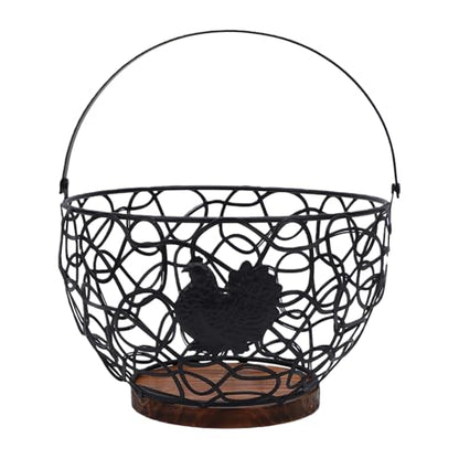 Rustic Wooden Base Wire Egg Basket with Sturdy Metal Handle Farmhouse Kitchen Decor Easter Display Coop - color: Black