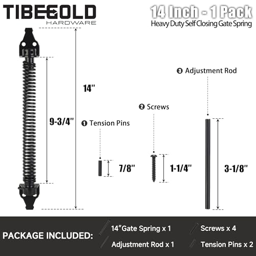14" Gate Spring Self Closing, Heavy Duty Black Door Closer Spring, Adjustable Tensioner Automatic Outdoor Gate Closure, Gate Spring Hardware for Wooden and Vinyl Fence, 1 Pack - size: 14 Inch