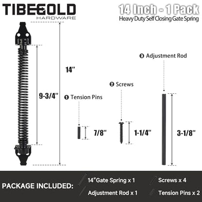 14" Gate Spring Self Closing, Heavy Duty Black Door Closer Spring, Adjustable Tensioner Automatic Outdoor Gate Closure, Gate Spring Hardware for Wooden and Vinyl Fence, 1 Pack - size: 14 Inch