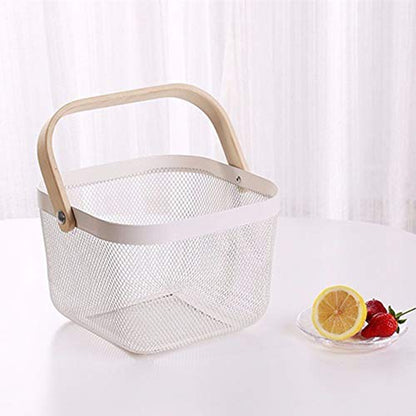 Yopay Mesh Steel Fruit Basket Bin with Wood Handle, White Hanging Storage Organizer, Farmhouse Harvest Gardening Basket for Cabinets, Cupboards, Shelves, Bathroom, Picnic, Shopping