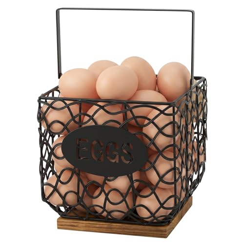Coloch Egg Basket for Gathering Fresh Eggs, Metal Wire Egg Collecting Basket with Handle&Wooden Base Vintage Square Chicken Egg Holder for Countertop, Decor, Fruit Storage