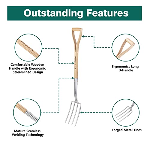 Berry&Bird Gardening Digging Fork, 4-Tine Stainless Steel Pitchfork, 43.9" Heavy Duty Spading Fork with D-Grip Handle and Ergonomic Ash Wood Handle for Digging, Planting, Cultivating, Aerating - size: 44in