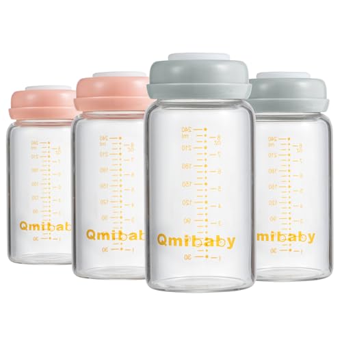 Breast Milk Storage Bottles 240ml 8oz BPA-Free Leak-Proof Natural Baby Bottle for Breastmilk Storage Wide Neck Bottles with Screw Ring Sealing Disk Breastfeeding (Grey+Pink, 240ml-4Packs) - color: Grey+Pink, size: 240ml-4Packs