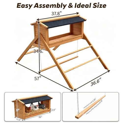 3-in-1 Chicken Nesting Box with Asphalt Roof, Wooden Chicken Perch & Swing for Coop, Weatherproof Nesting Boxes for Laying Hens, Indoor Outdoor Coop Accessories, Large Nesting Box for Multiple Hens