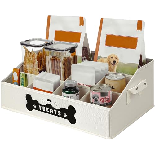Dog Treat Container, Dogs Storage Organizer with Removable Dividers, Collapsible Dogs Treat Holder for Countertop, Trapezoid Pet Treats Containers, Dog Toy Basket with PU Handles, Large, Beige - color: Beige, size: Large (10 compartments)