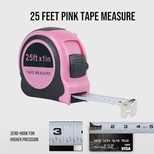 Lichamp Pink Tape Measure 25 Feet, Measuring Tape 1 Pack 25ft x 1in with 1/8 Fractions