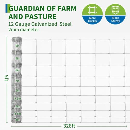 Farm Fence 5ft x 328ft, 12 Gauge Heavy Zinc Coating Cattle Panel Fence Galvanized Woven Wire Field Fencing Livestock Fence, Durable Chain Link Hog Wire Fencing for Yard Garden Sheep Goat Deer Horse - size: 5ft x 328ft