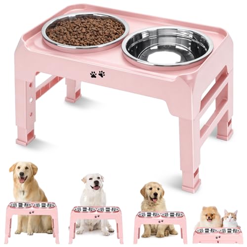 COMESOON Elevated Dog Bowls, 4 Height Adjustable Raised Bowl Stand with 2 Thick 50oz Stainless Steel Food Bowls Non-Slip Feeder Adjusts to 3.7'', 9.2'', 10.75'', 12.36'' Pink - color: Pink, size: 8" for Medium Dogs