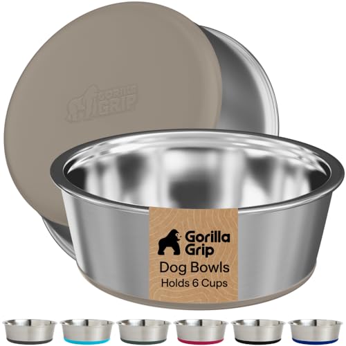 GORILLA GRIP Dog Bowls, Food Grade 304 Stainless Steel, Holds 6 Cups Each (48 fl oz) Food and Water Bowl for Feeding Dogs and Cats, Dishwasher Safe, Rust Resistant, BPA Free Rubber Base Set of 2 Beige - color: Beige, size: 6 Cup (48 Oz)