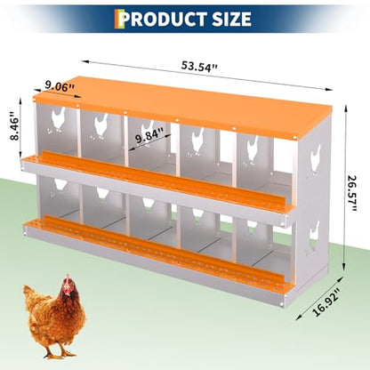 Chicken Nesting Box,10 Holes Galvanized Steel Metal Chicken Laying Box with Automatic Roll-Away Egg Collection System & Removable Tray,Wall Mount Nesting Boxes - color: Orange, size: 10 Holes