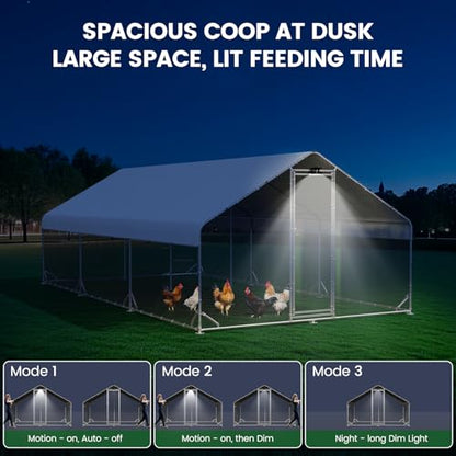 Large Walk-in Chicken Coop with Solar Light, Outdoor Metal Poultry Cage with Run & Hardware Cloth, Waterproof & UV-Resistant Hen House for Farm & Backyard - size: 234"L x 118"W x 78.2"H