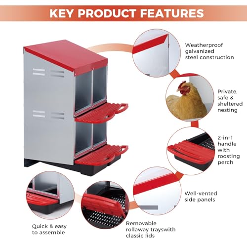 Garvee Nesting Boxes for Chickens - 4 Compartment Metal Stainless Steel Chicken Nesting Boxes with Pull-Out Trays,Hen Roosting & Laying Eggs,Roll Away Design,Easy to Install and Easy to Clean - color: Red, size: 4 Holes & 2-tier