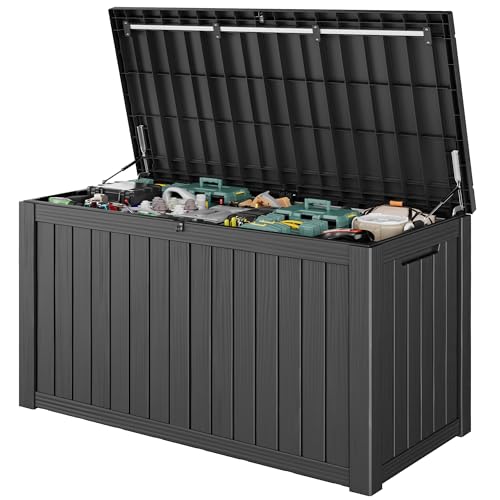 Outdoor Storage Box, 160 Gallon Deck Box with Lockable Lid, Waterproof Resin Storage Bin for Cushions, Garden Tools, Patio Furniture, Black - color: Black, size: 160 Gallon