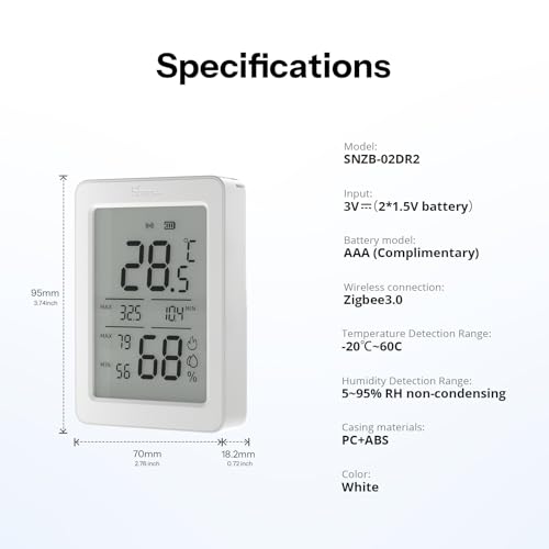 SONOFF SNZB-02DR2 AirGuard TH, Indoor Smart Zigbee Temperature and Humidity Sensor, 3.6'' LCD Display, App Monitoring with Charts, Notification Alerts, Data Export, Remote Data Display, 1-Pack