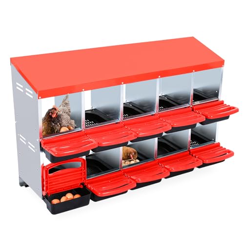 GarveeLife Chicken Nesting Box, 10 Compartments Nesting Boxes for Chickens, Chicken Laying Boxes, Roll Away Nesting Box for Chickens Laying Egg with Lid Cover to Protect Eggs, Red - color: red, size: 50.7"L x 20.5"W x 31.1"H