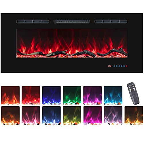 48'' Electric Fireplaces Inserts, Recessed & Wall-Mounted Fireplace Heater with Thermostat, Multicolor Flames,Timer, Log & Crystal, 750/1500W, Black - size: 48 inch