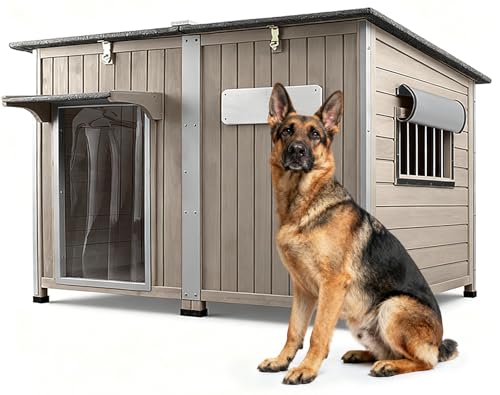 Ketive 55"L Dog House Outdoor Large Breed Extra XL Wooden Dog House with Weatherproof Asphalt Roof, All-Around Iron Frame, Removable Floor, Openable Top Roof, Air Vents Window for Medium to Large Dogs - style: 55.1"L x 33.1"W x 34.8"H
