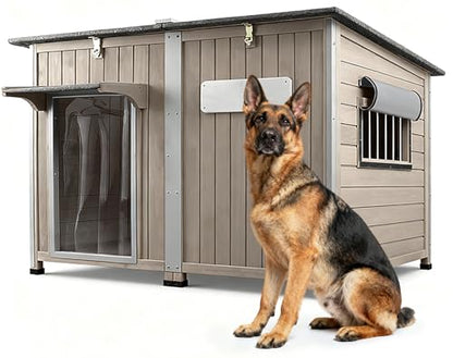 Ketive 55"L Dog House Outdoor Large Breed Extra XL Wooden Dog House with Weatherproof Asphalt Roof, All-Around Iron Frame, Removable Floor, Openable Top Roof, Air Vents Window for Medium to Large Dogs - style: 55.1"L x 33.1"W x 34.8"H