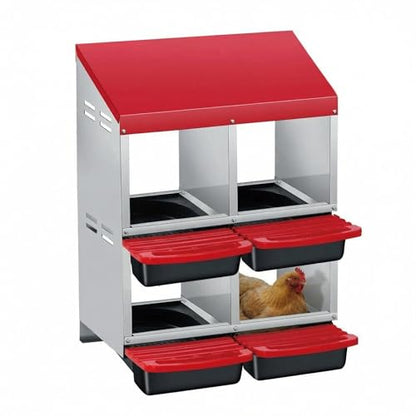 IDEALHOUSE Chicken Nesting Box with Roll Away Collection & Plastic Handle, Wall/Freestanding for Chicken Coop, 2x2-Compartment Double Layer Red - color: Red, size: 4 holes 2 layers