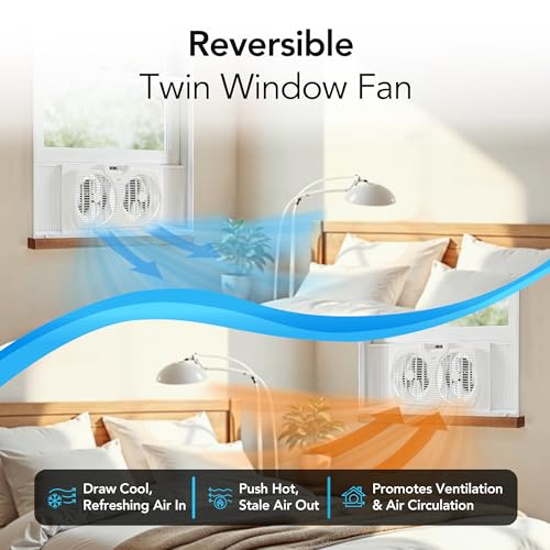 Comfort Zone 9-Inch 3-Speed Reversible Twin Window Fan – Dual Blade Window Exhaust Fan with Auto-Locking Expanders, 22.25" to 33" Wide – Tabletop Feet & Removable Bug Screen included - color: White, size: 9 inch (3-Speed)